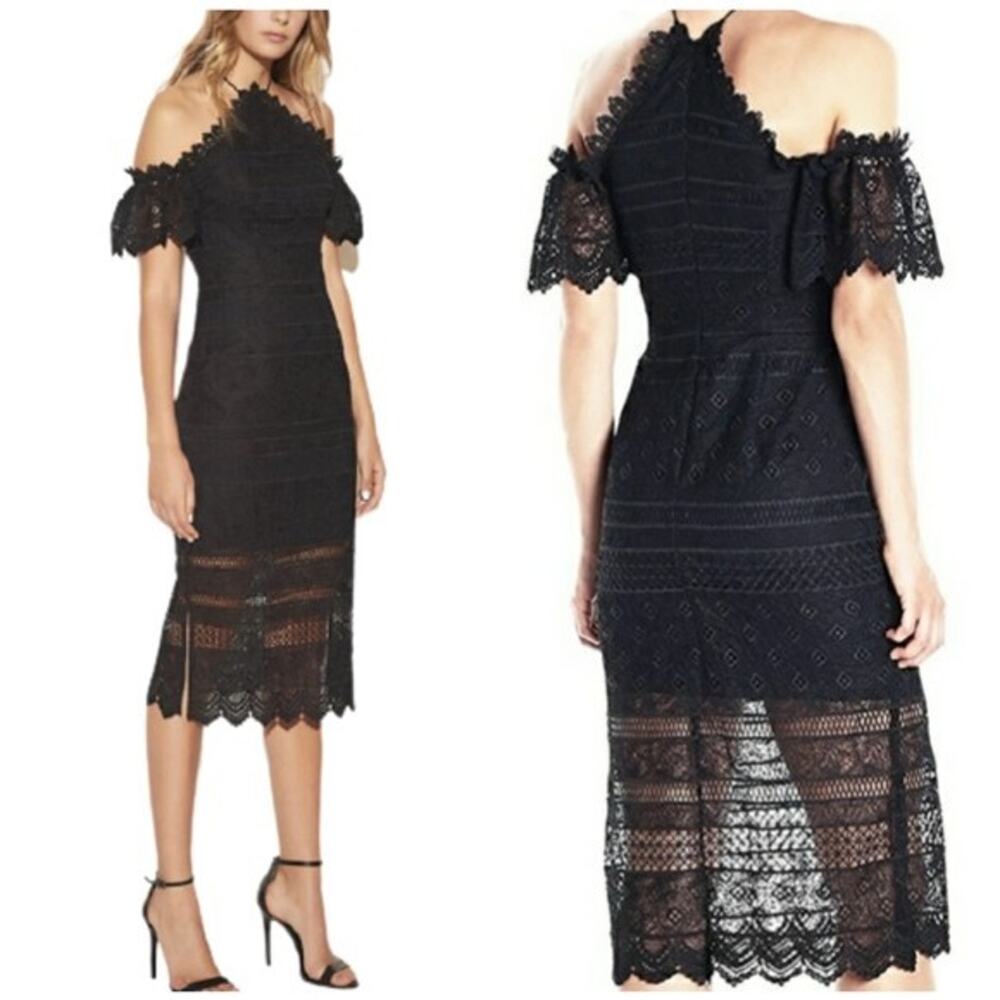 AMUR Tamara Black Lace Cold Shoulder Midi Lined Ruffle Dress Size 2